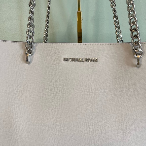 MICHAEL KORS MK Womens Shoulder Tote Bag Chain Strap Pebbled Leather Taupe - Picture 3 of 13